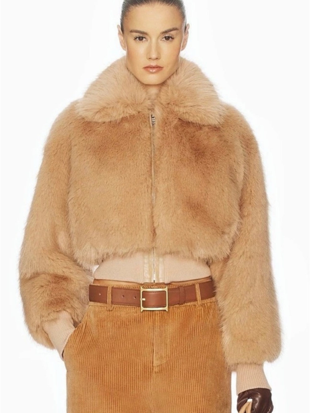 Helsa Faux Fox Bomber Jacket in Bisque